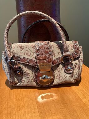 GUESS Tan & Brown Monogram Purse with Studded Trim